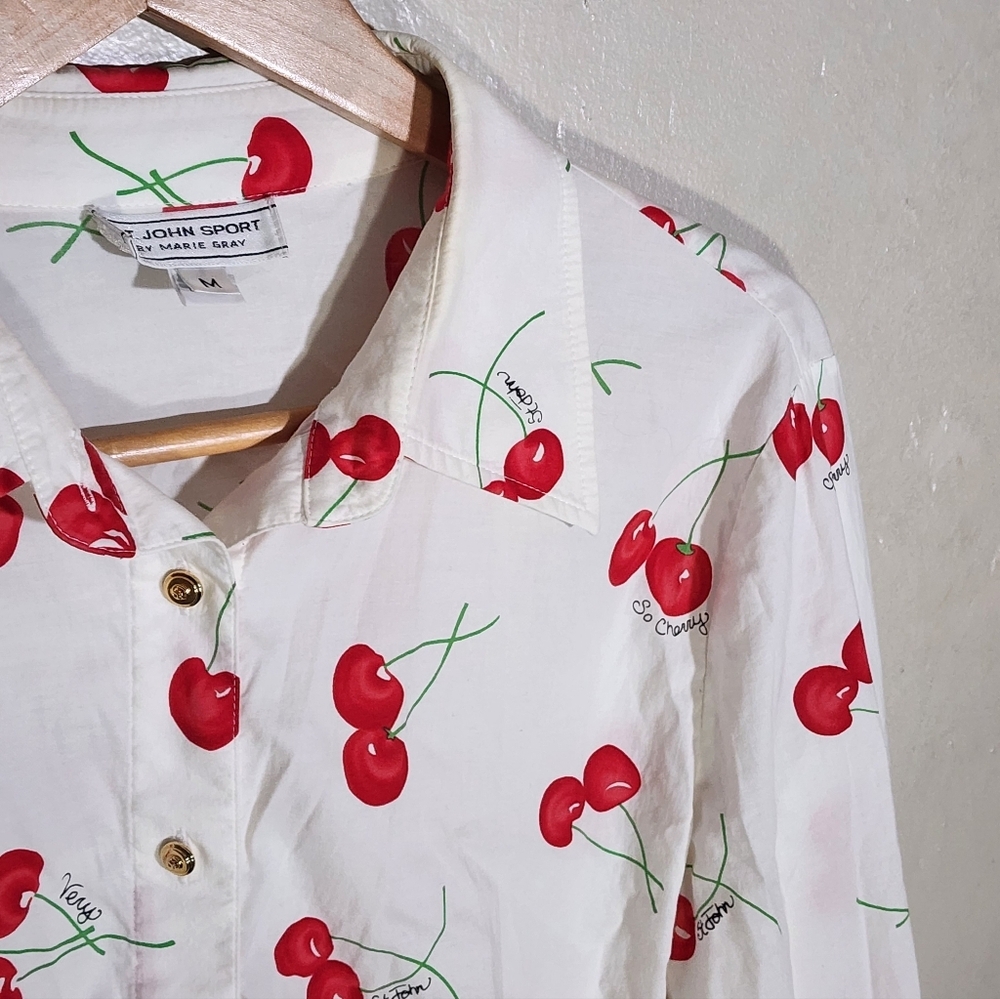 Women’s Cherry-Print Button-Down Shirt - White/Red - Picture 3 of 7